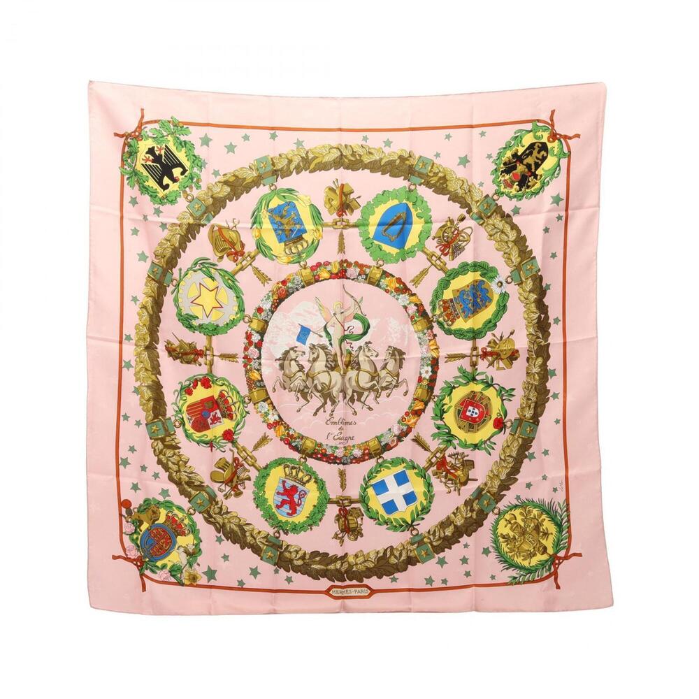 Hermes Carre 90 Emblemes de l'Europe Scarf/Muffler, Silk, Women's, Pink/Green...